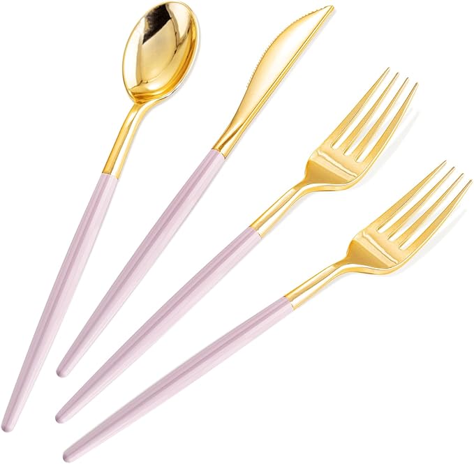 SUT 160Pcs Pink and Gold Plastic Silverware, Heavy Duty Plastic Silverware, Valentines Plastic Utensils, 80 Plastic Forks, 40 Knives, 40 Spoons, Disposable Cutlery for Parties, Valentines(Pink Gold)