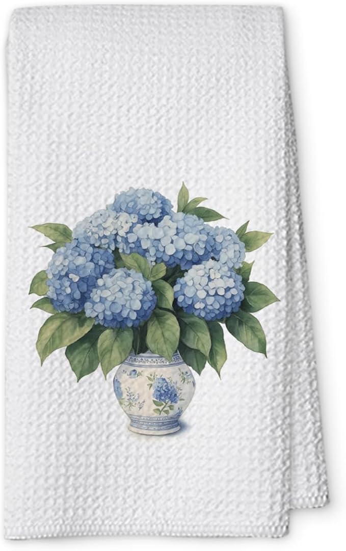 Blue and White Chinoiserie Kitchen Towels,Floral Hydrangea Fingertip Decor Hand Towels for Bathroom Clearance,Waffle Farmhouse Porcelain Decor for High End Hostess Gifts-A08