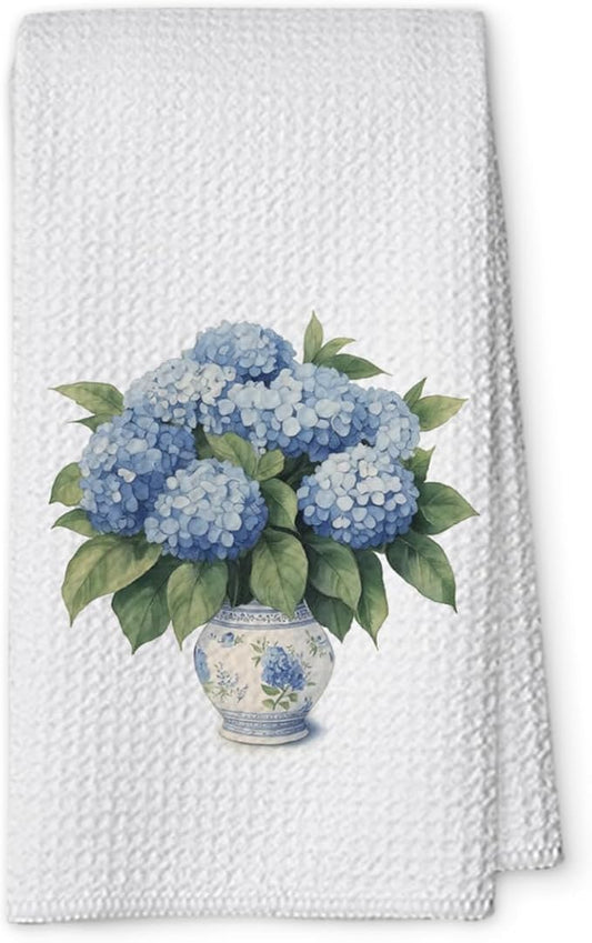 Blue and White Chinoiserie Kitchen Towels,Floral Hydrangea Fingertip Decor Hand Towels for Bathroom Clearance,Waffle Farmhouse Porcelain Decor for High End Hostess Gifts-A08