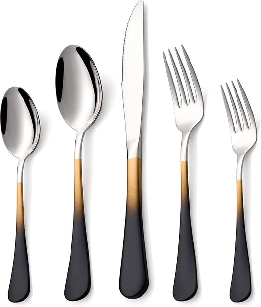 20 Piece Black Gold and Silver 18/0 Flatware Utensil Set for 4, Include Dinner Knife,Dinner Forks,Dinner Spoons,Salad Forks,Teaspoons,Silverware Set for 4, Dishwasher Safe