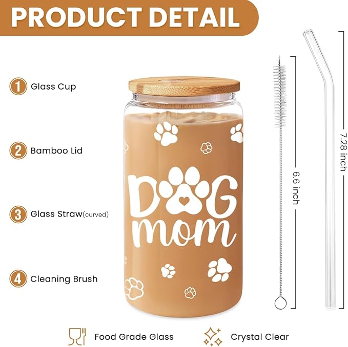 SANDJEST Dog Mom Cup 16 Oz Can Glass Coffee Mug with Bamboo Lid & Straw - Dog Lover Gifts for Women - Dog Mom Gift for Birthday Mothers Day