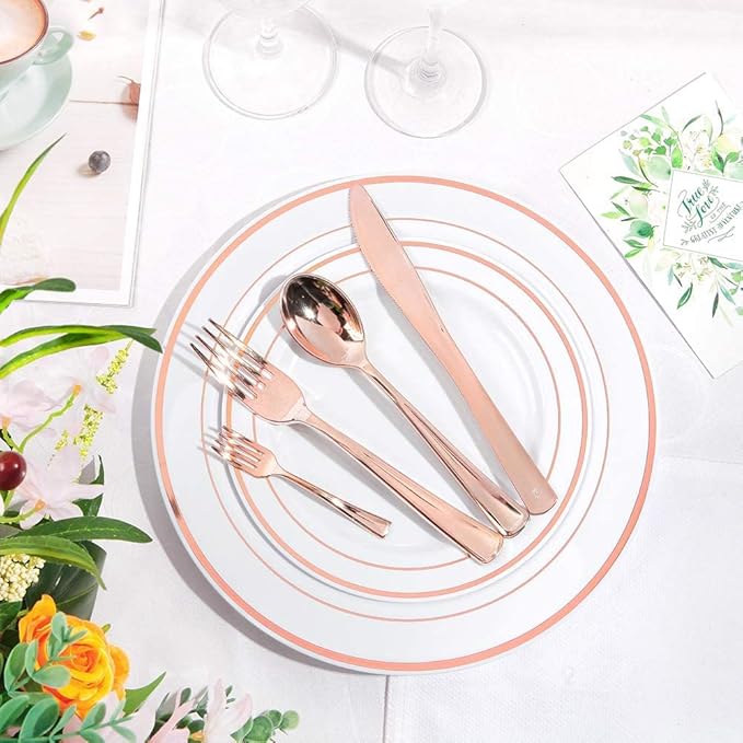 WDF 300 Pieces Rose Gold Plastic Silverware- Disposable Flatware Set - Heavy Duty Plastic Cutlery Includes 100 Forks, 100 Spoons, 100 Knives Perfect for Valentines day, Wedding, Party