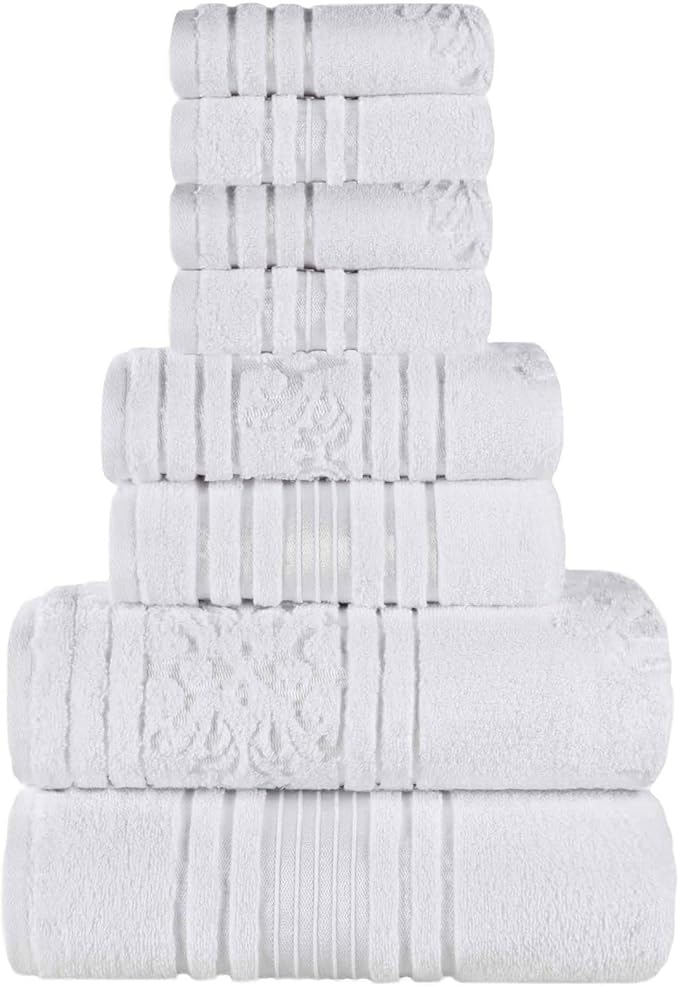 Superior Cotton 8 Piece Assorted Floral Towel Set, Includes 2 Bath, 2 Hand, 4 Washcloth/Face Towels, Quick Dry, Home Essentials, Shower, Spa, Luxury Plush Soft Absorbent Towels, Zero Twist, White