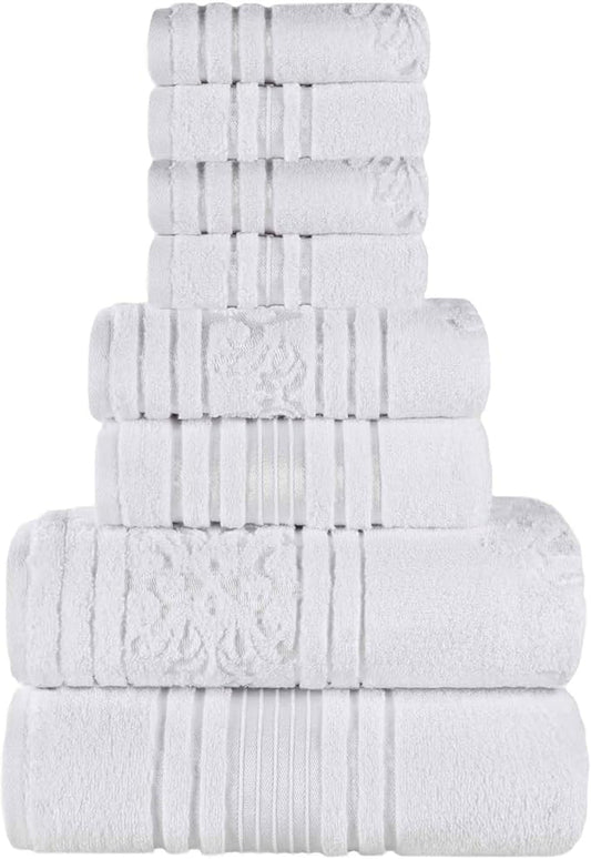 Superior Cotton 8 Piece Assorted Floral Towel Set, Includes 2 Bath, 2 Hand, 4 Washcloth/Face Towels, Quick Dry, Home Essentials, Shower, Spa, Luxury Plush Soft Absorbent Towels, Zero Twist, White