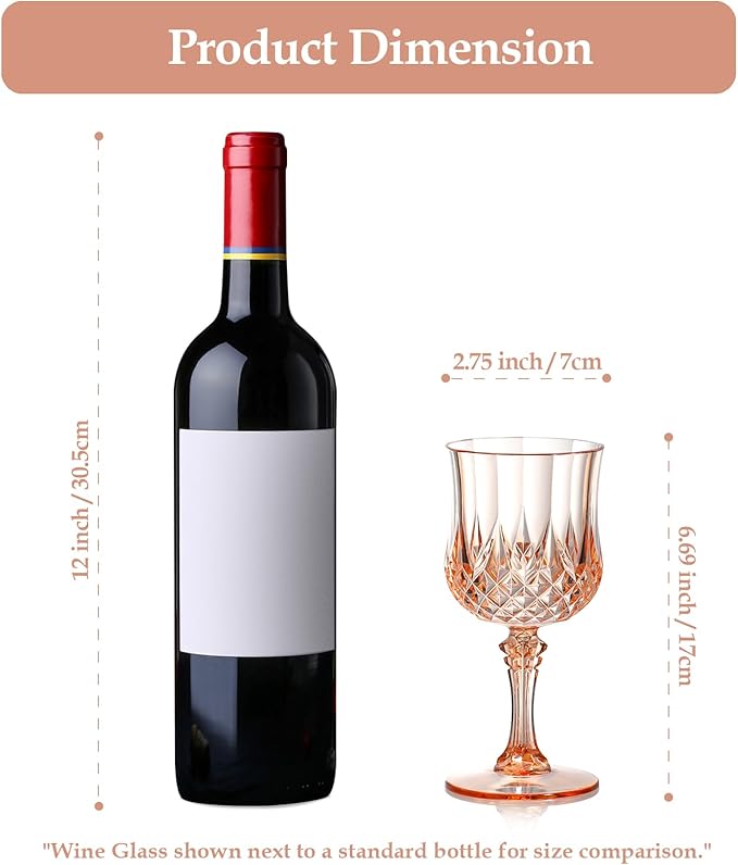 XUWAIDSGN 24 Pcs 7oz Plastic Vintage Wine Glasses Drinking Glasses Unbreakable Wedding Glassware Crystal Water Goblets Reusable Drinkware Vintage Champagne Flutes (24, Pink)