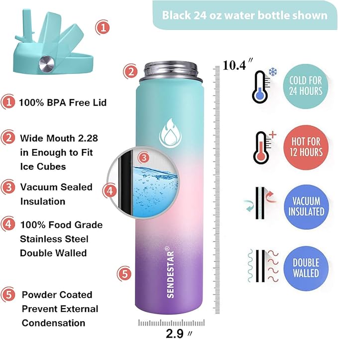 SENDESTAR Stainless Steel Wide Mouth Water Bottle 24oz Double Wall Vacuum Insulated Leak Proof Bottle with New Flex Straw Lid & Spout Lid