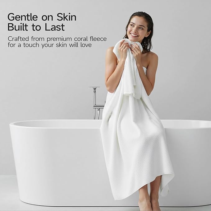 REDKISS 4 Pack Premium Bath Towels, Plush Coral Fleece Towels for Bathroom, Extra Large Bath Towels Set of 4 (35 x 70 in), Super Soft Highly Absorbent Shower Towels for Spa, Gym, Travel, White