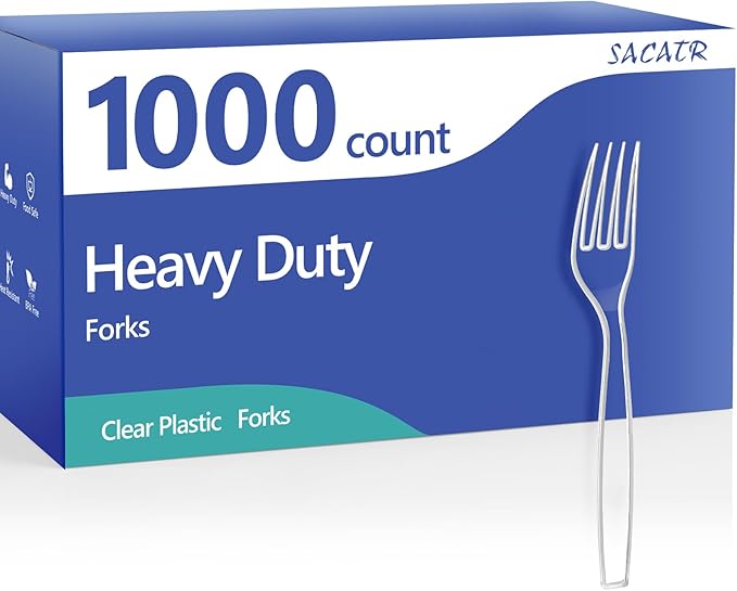 SACATR 1000 Count Plastic Forks Heavy Duty, Plastic Silverware Clear Forks, Premium Disposable Forks Bulk, BPA-Free, Heat Resistant, Suitable for Parties, Events and Everyday Use