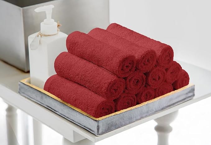 Avalon Towels Cotton Washcloths – (Pack of 24) Size 12x12 Inches, 100% Ring Spun Cotton, Soft & Absorbent Face Towels, Gym Towels, Hotel and Spa Quality, Reusable Fingertip Towels (Red)