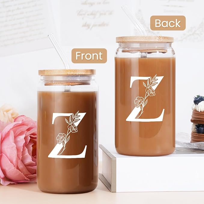 SANDJEST Monogrammed Gifts for Women - Monogram Z Initial Glass Cup 16 Oz Can Coffee Cups with Lid and Straw - Monogram Initials Gifts for Womens on Birthday