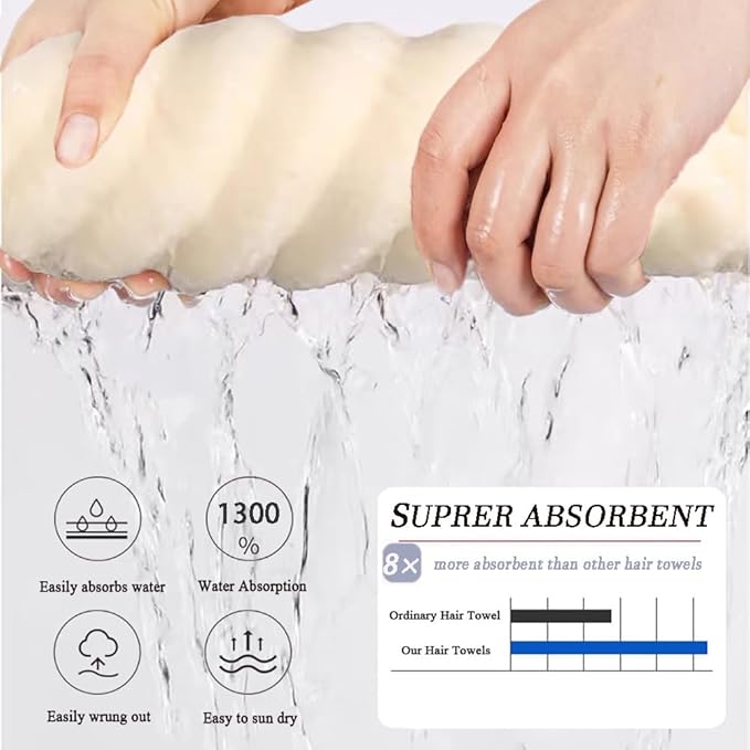 Microfiber Hair Towel Wrap, 2Pack Thickened Drying Hair Wraps Towels with Button. Super Absorbent Drying Hair Towel Wrap for Curly Hair, Anti Frizz Towel for Women. (Off White+Gray)