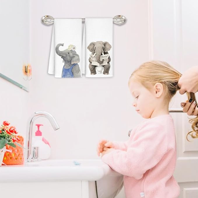 Elephant Bathroom Decor Hand Towels Set of 2, Kids Bathroom Decor, Animal Lover Gifts Decorative Funny Hand Towels for Kids Bath Room Washroom Toilet, 16x24 Inch