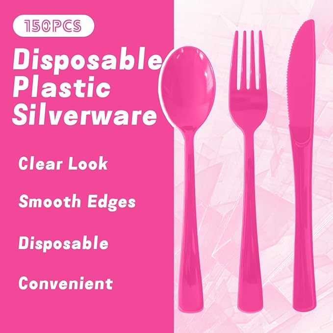 150 Pack Disposable Plastic Silverware, Heavy Duty Hot Pink Plastic Cutlery Set Includes 50 Forks 50 Knives 50 Spoons for Birthday Wedding Party Picnics (150, Hot Pink)