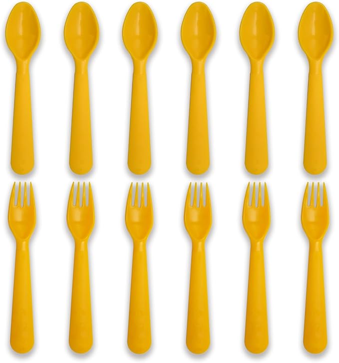 12 Pcs Kids Spoons and Forks Toddler Utensils Plastics Reusable Silverware Baby Cutlery Set Feeding Dinnerware Utensils BPA Free Microwave Dishwasher and Freezer Safe- Yellow