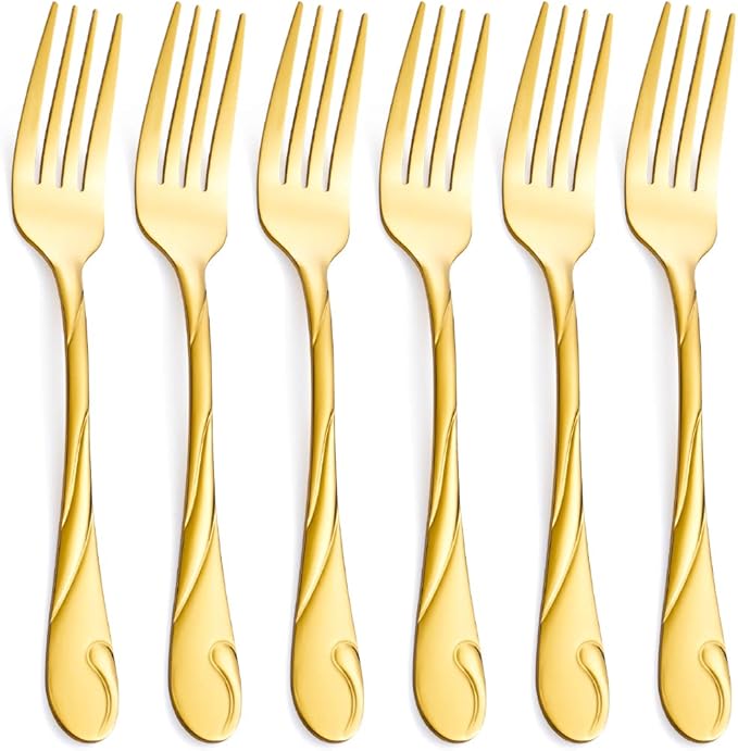 Gold Salad Fork Set, Seeshine 6.9-inch Stainless Steel Shiny Gold Metal Dessert Fork, Set of 6