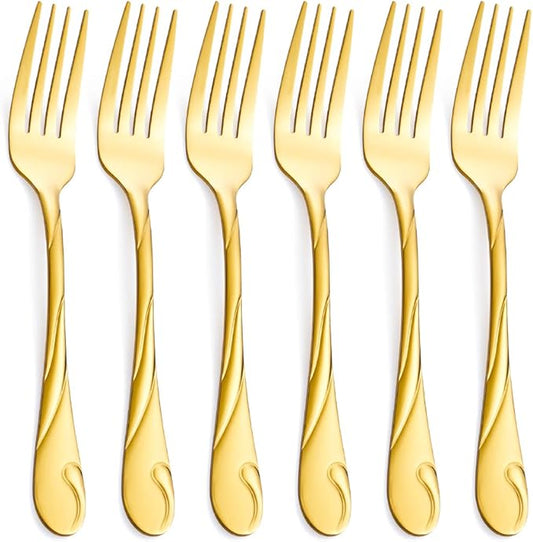 Gold Salad Fork Set, Seeshine 6.9-inch Stainless Steel Shiny Gold Metal Dessert Fork, Set of 6