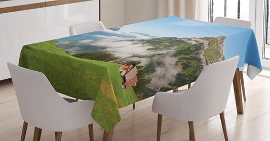 Ambesonne Mountain Tablecloth, Pastoral View Switzerland Lake Lucerne Cloudy Grassland Pines Altdorf Uri, Rectangular Table Cover for Dining Room Kitchen Decor, 60" X 90", White Green