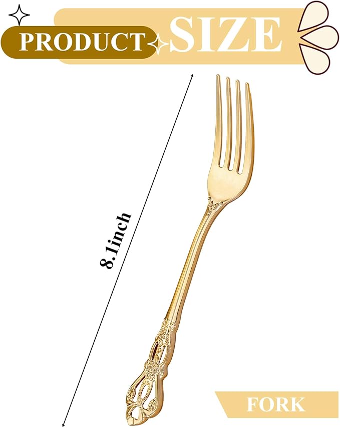 150PCS Gold Plastic Forks - 8.1inch Gold Forks Disposable - Vintage Heavy Duty Dessert Forks - Premium Fancy Plastic Silverware for Parties, Weddings, Dinners and Events