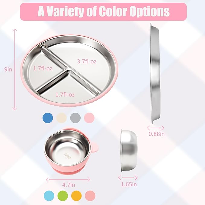 Stainless Steel Kids Plates and Bowls with Suction, Divided Baby Plate and Toddler Bowl with Removable Silicone Suction, Non-Slip Baby Feeding Set Dishwasher Safe, 4 Packs