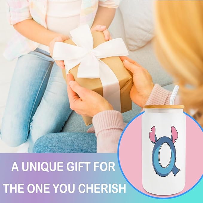 Cute Cartoon Lover Gifts Initial A-Z Personalized Iced Coffee Cup Cartoon Merch 16oz Glass Cup with Lid and Straws Birthday Christmas Gifts for Women Teen Girls Fans (Letter Q)