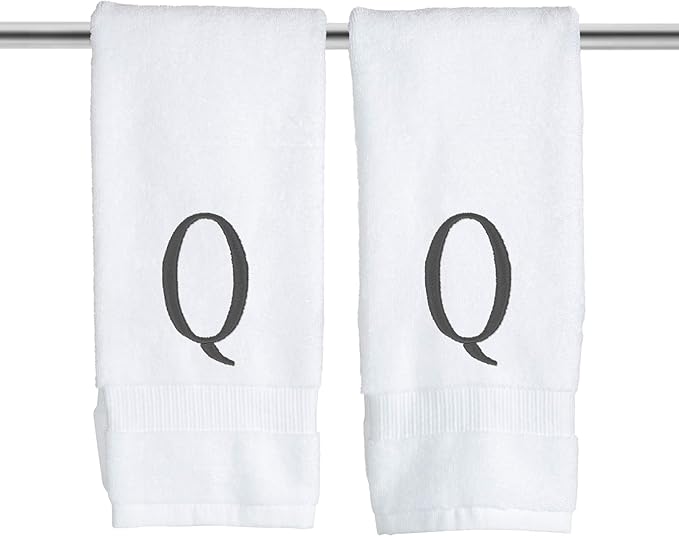 White Powder Room Hand Towel - Monogram Initial Hotel Quality Decorative Embroidered Luxury Towel for Spa - GOTS Organic Certified - Set of 2 Dark Gray Letter Q
