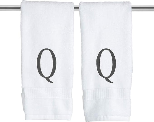 White Powder Room Hand Towel - Monogram Initial Hotel Quality Decorative Embroidered Luxury Towel for Spa - GOTS Organic Certified - Set of 2 Dark Gray Letter Q