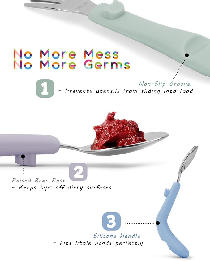 6PCS Toddler Utensils, 316 Stainless Steel Baby Safe Forks + Spoons with Silicone Handle, BPA Free Dishwasher Safe Kids Silverware Cutlery with Box, Sage/Blue/Lilac