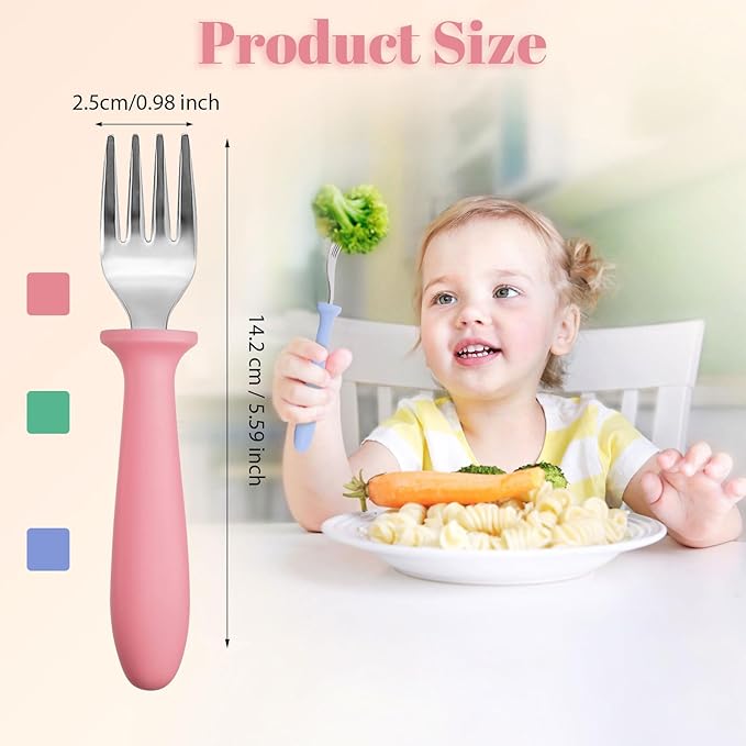 Pimoys 6-Pack Stainless Steel Toddler Forks Baby & Kids Utensils for Self-Feeding Plastic Handle Dishwasher Safe