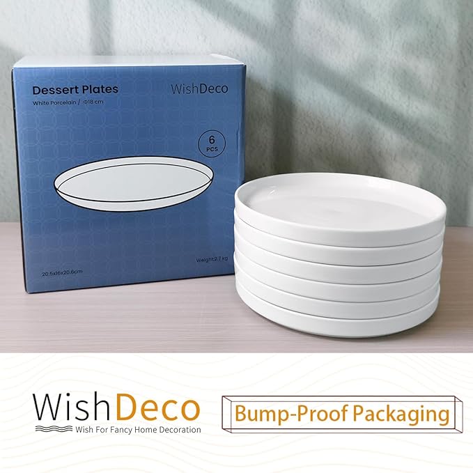 Ceramic Appetizer Plates Set of 6, Small Dessert Plates 7 inch, White Round Salad Plate, Porcelain Dinner Dishes for Cake, Waffle, Pasta, Microwave & Dishwasher Safe