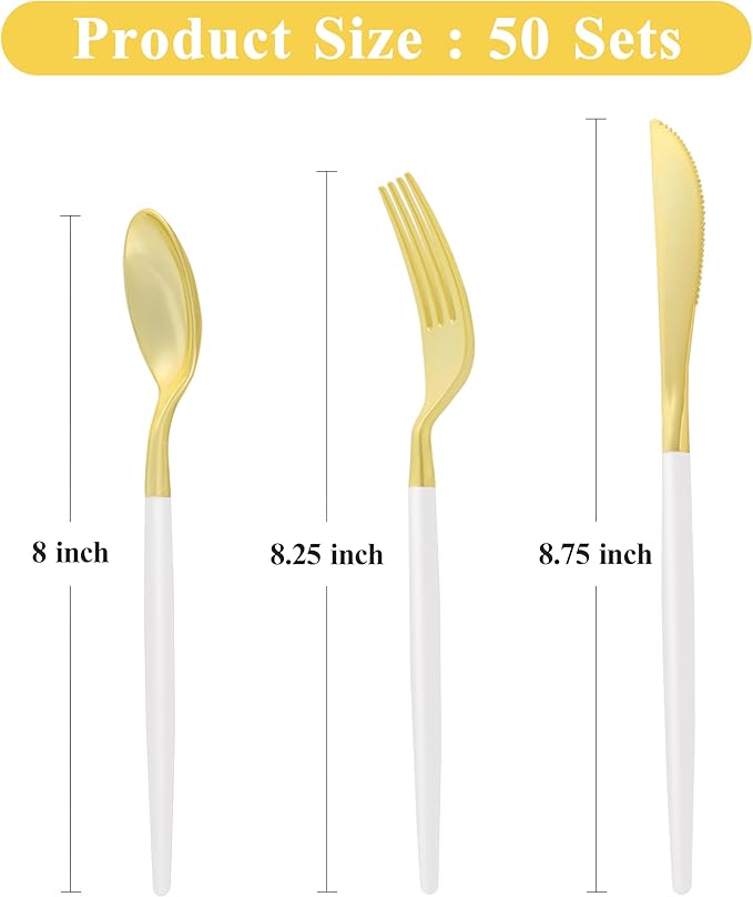 150 PCS White Gold Plastic Utensils for 50 Guests, Gold Disposable Silverware with 50 Knives, 50 Spoons and 50 Forks, BPA Free, Ideal for Weddings, Birthdays & Graduation