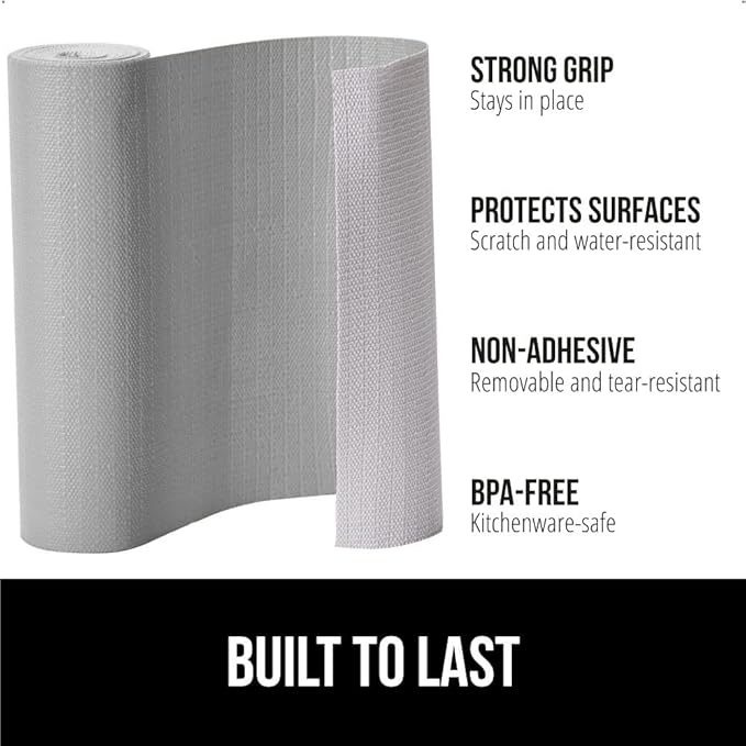 GORILLA GRIP Slip Resistant Drawer and Shelf Liner 2 Pack, Non Adhesive Water Resistant, Easy Clean and Trim, Smooth Surface Liners for Kitchen Cabinet Shelves Drawers Pantry 20 IN x 20 FT, Light Gray