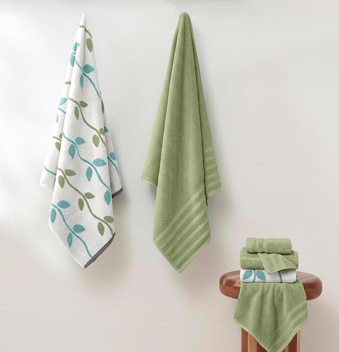 Modern Threads Organic Vines 6-Piece 100% Cotton Towel Set – Yarn Dyed Jacquard & Solid – Includes 2 Bath Towels, 2 Hand Towels, 2 Washcloths – Absorbent, Quick Dry, Soft & Durable – Sage Green