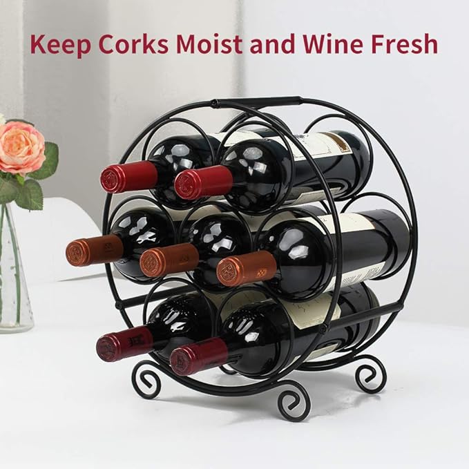 TreeLen Wine Racks Countertop, 7 Bottles Wine Organizer Stand, Metal Free Standing Wine Storage Holder, Water Bottle Holder Stand-Black