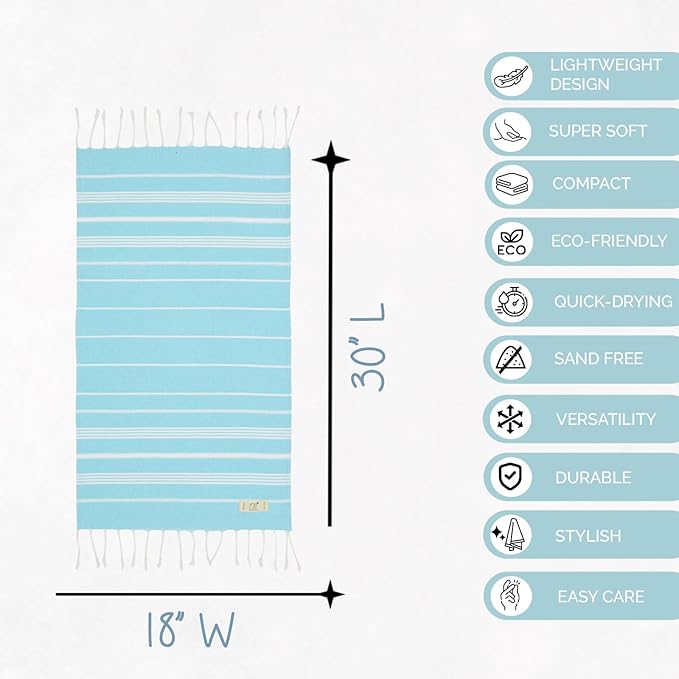 Hand Towels - Set of 2, 18" x 30" inches, Decorative Peshtemal Cotton Hand Towels for Kitchen, Bath, Guest, Face, Hair, Gym, Yoga, Dishcloth, Travel (Turquoise)