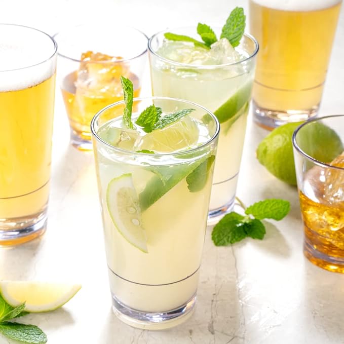 Bev Tek 14 Ounce Plastic Drinking Glasses, 12 Reusable Plastic Cocktail Cups - Shatterproof, Clear Plastic Highball Glasses, Dishwashable, Stackable - Restaurantware