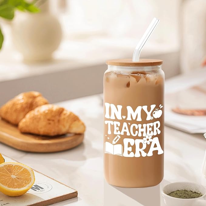 in My Teacher Era Glass Cup with Lids and Straws 14oz, Teacher Appreciation Gifts, Teachers Gifts for Women Glass Iced Coffee Tumbler Drinking Jars with Cleaning Brush