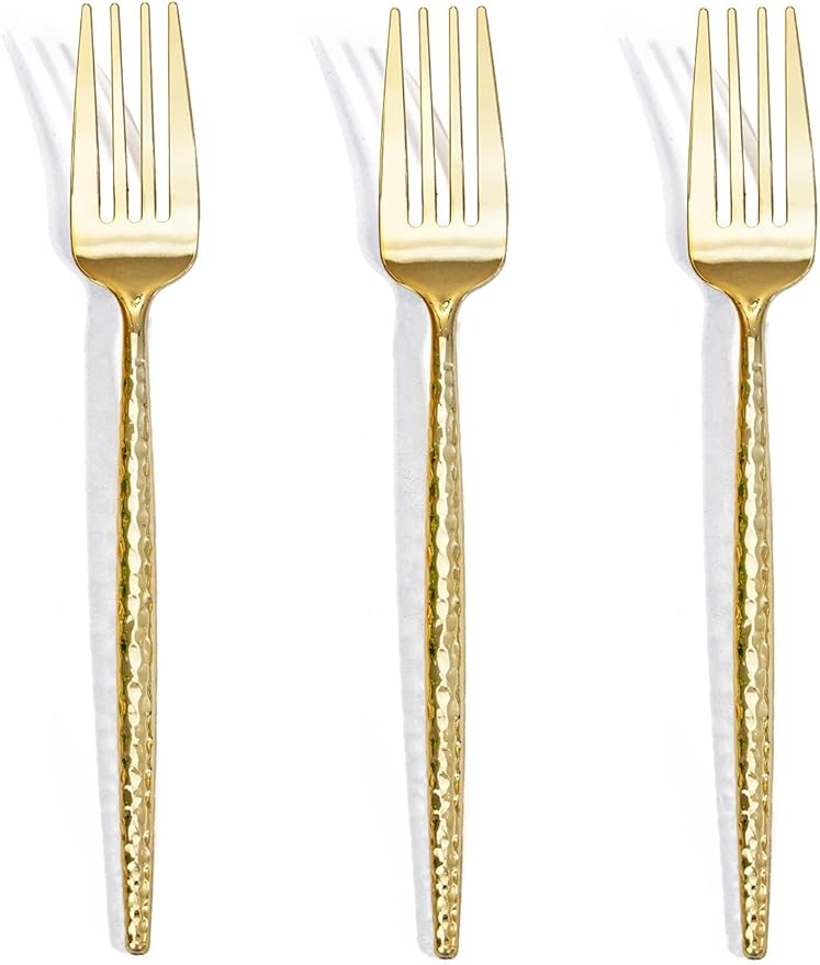 U-QE 60 PCS Gold Plastic Forks - 7.7 Inch Hammered Heavy Duty Plastic Forks - Elegant Gold Plastic Silverware - Perfect for Parties & Weddings and Other Daily Events