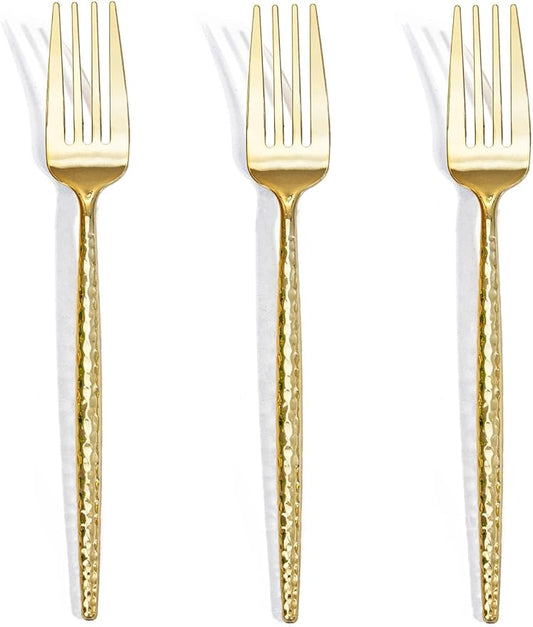 U-QE 60 PCS Gold Plastic Forks - 7.7 Inch Hammered Heavy Duty Plastic Forks - Elegant Gold Plastic Silverware - Perfect for Parties & Weddings and Other Daily Events