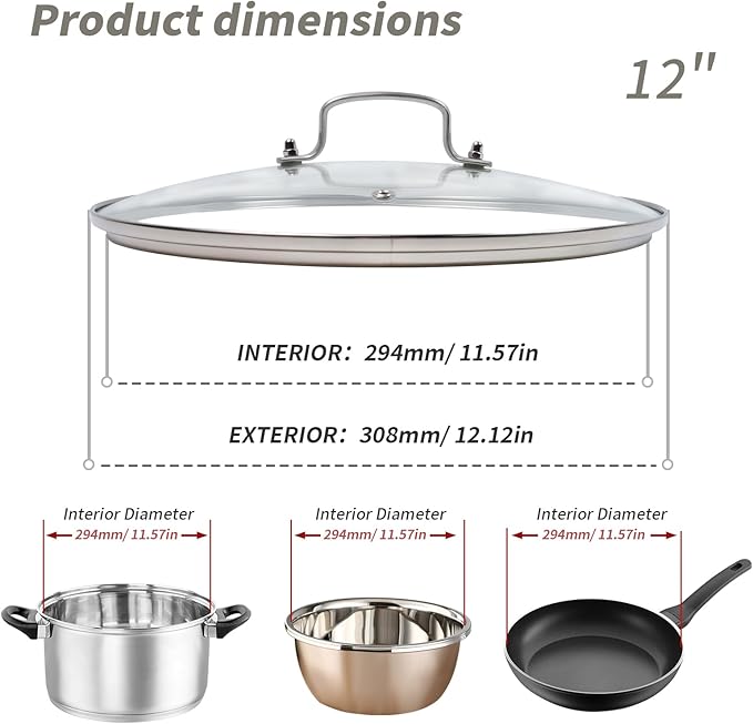 12" Tempered Glass Pan Lid with Steam Vent, Thickened to 4mm and Dishwasher Safe and Oven up to 480℉, Universal Lid Fit for Cast Iron Skillets, Frying Saute Pan, Cooking Pot