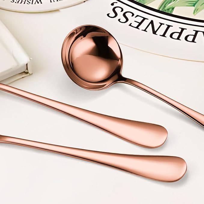 Copper Serving Utensils Set - Rose Gold Stainless Steel Flatware Set 11- Pieces Cake Knife Serving Fork Spoon Skimmer Pasta Ladle Spatula Perfect for Home Kitchen and Special Occasions