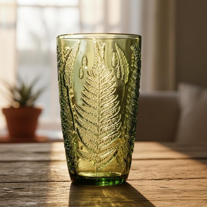 Vintage Green Drinking Glasses Set of 4, 16 oz Handcrafted Glass Tumblers, Heavy Textured Highball Cups, Fern Embossed Antique Colored Glassware, Retro Boho Aesthetic Drinkware, Housewarming Gift Set