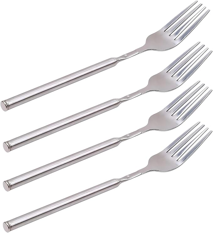 Stainless Steel Extendable Fork - Telescopic BBQ Fork, 25.4 inch (4 pcs) - Long Handle, Extends for Tableware Supplies