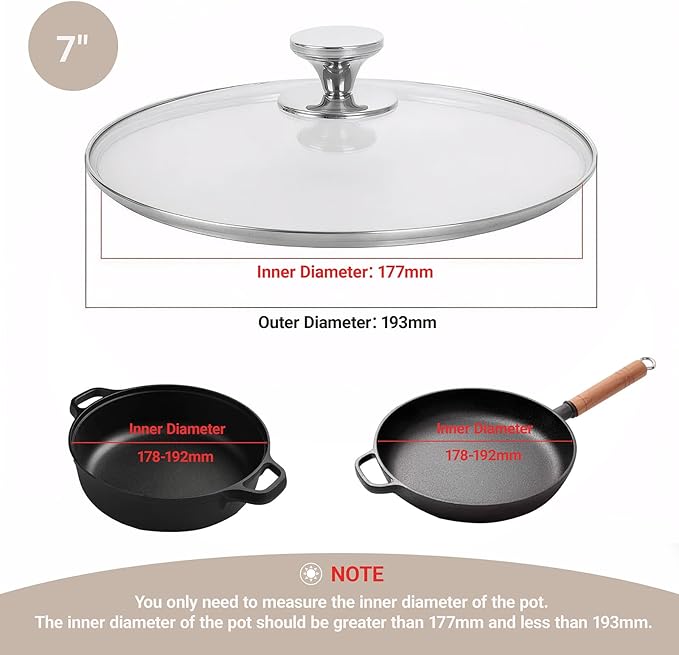 7 Inch Pan Lid for Frying Pan, Skillet, 4mm Clear Tempered Glass, Compatible with Dishwasher and Ovens