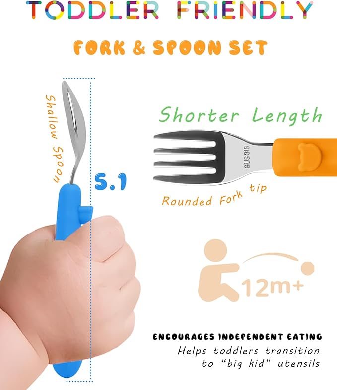 6PCS Toddler Utensils, 316 Stainless Steel Baby Safe Forks + Spoons with Silicone Handle, BPA Free Dishwasher Safe Kids Silverware Cutlery with Box, Bright Orange/Blue/Green