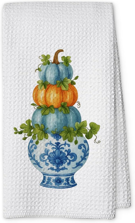 Chinoiserie Fall Pumpkin Hand Towels for Kitchen Decor,1PCS Blue and White Porcelain Thanksgiving Tea Dish Towel,Farmhouse Pumpkin Decor for Bathroom,Anthropology Autumn Gifts for Women-B03