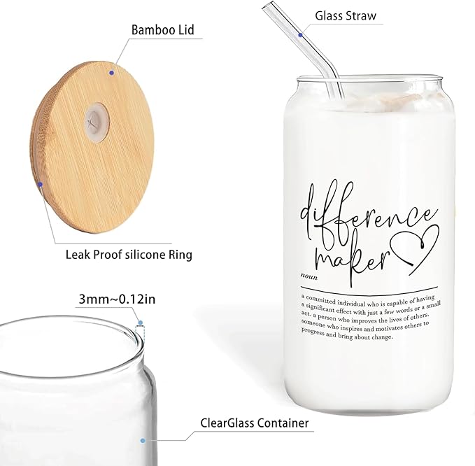 Difference Maker Glass Cup with Lids and Straws 14oz - Appreciation Gifts Thank You Gifts for Boss Leader Teacher Mentor Coach Manager Glass Coffee Tumbler Drinking Jars with Cleaning Brush
