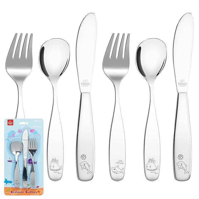Lehoo Castle Kids Silverware Stainless Steel 6 Piece - Toddler Spoons and Forks Knife Set, Metal Kids Cutlery Set, Toddler Utensils Self Feeding (Ocean Park)