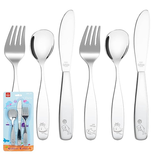 Lehoo Castle Kids Silverware Stainless Steel 6 Piece - Toddler Spoons and Forks Knife Set, Metal Kids Cutlery Set, Toddler Utensils Self Feeding (Ocean Park)
