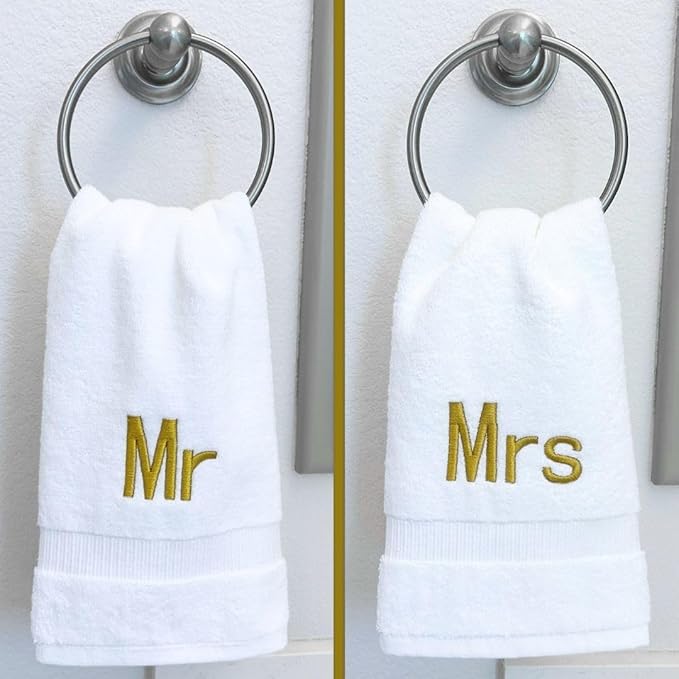 Gold Monogrammed Hand Towels for Bathroom - Luxury Hotel Quality Personalized Initial Decorative Embroidered Towel for Powder Room, Spa - GOTS Organic Certified - Mr and Mrs