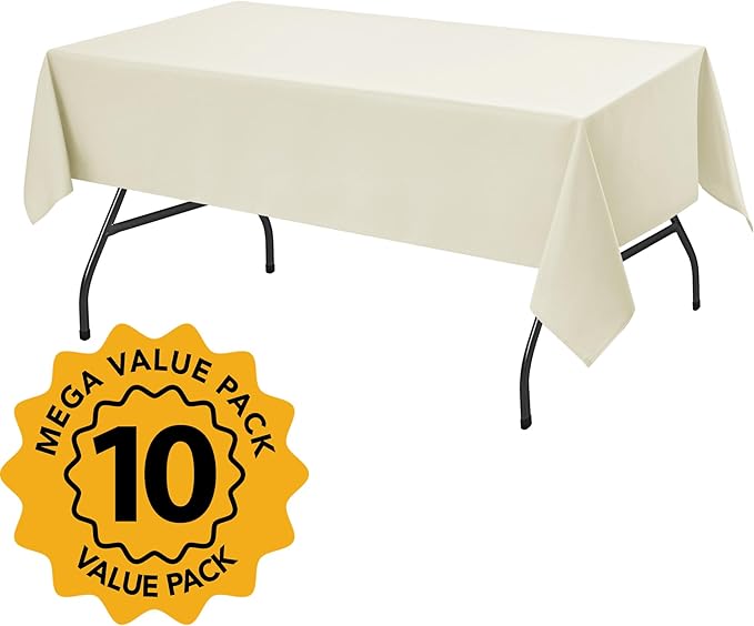 10-Pack Ivory Tablecloths for Rectangle Tables, 60 x 84 Inches, Stain-Resistant Polyester Fabric for 4 Foot Tables - Washable Table Covers for Weddings, Banquets, Birthday Parties, Events